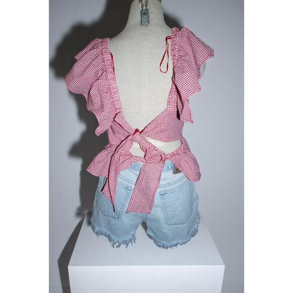 Cottagecore Gingham Peplum Blouse XL – Red White Ruffle Puff Sleeve Back Tie - Picture 3 of 7